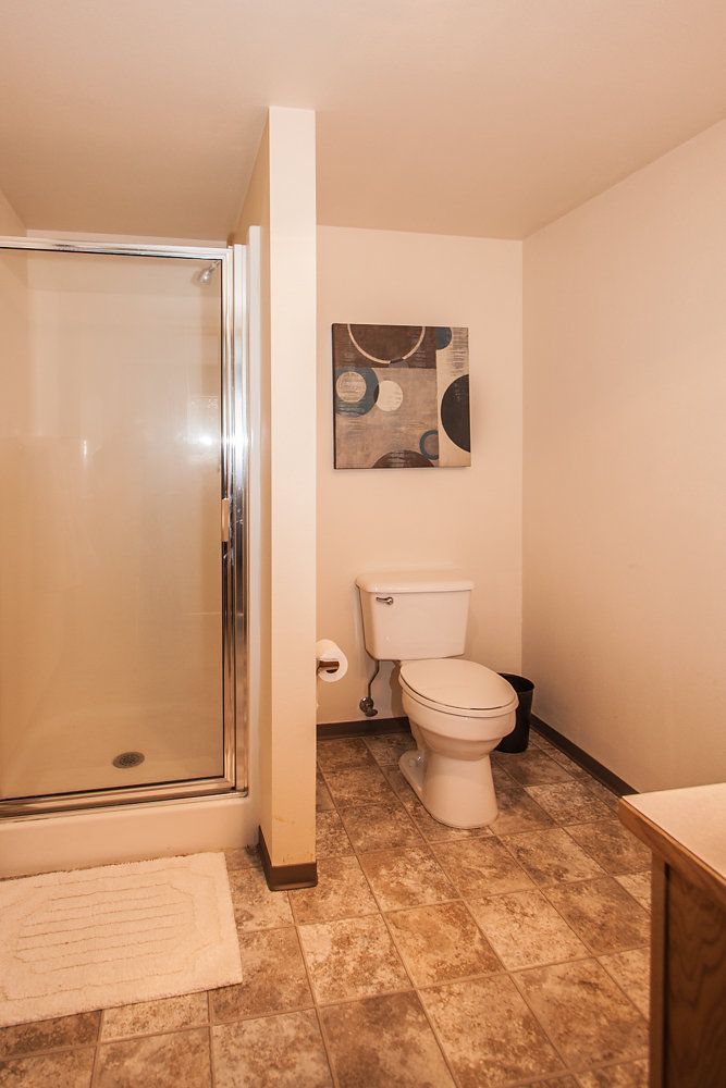 a bathroom with a toilet and a picture on the wall