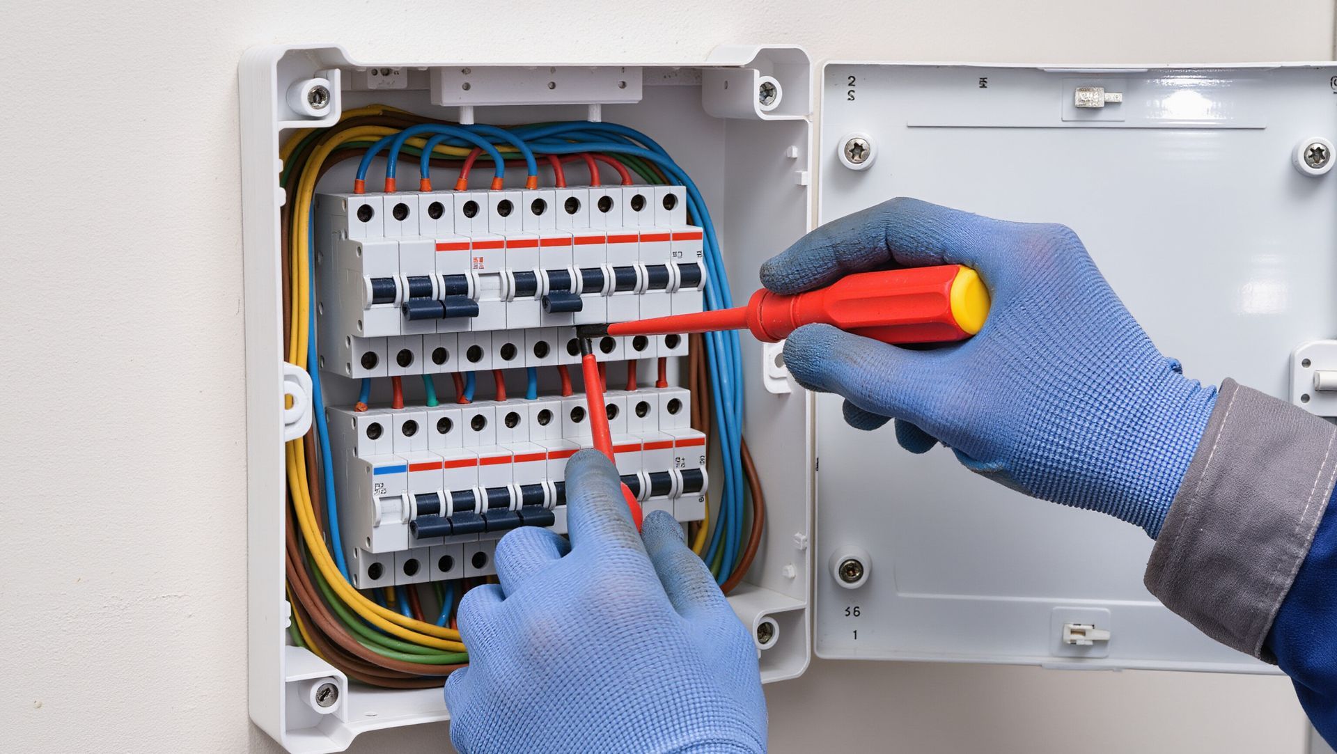 Person wearing blue gloves working on an electrical panel with a screwdriver. Electrician in blue gloves using a screwdriver on a circuit breaker panel.
