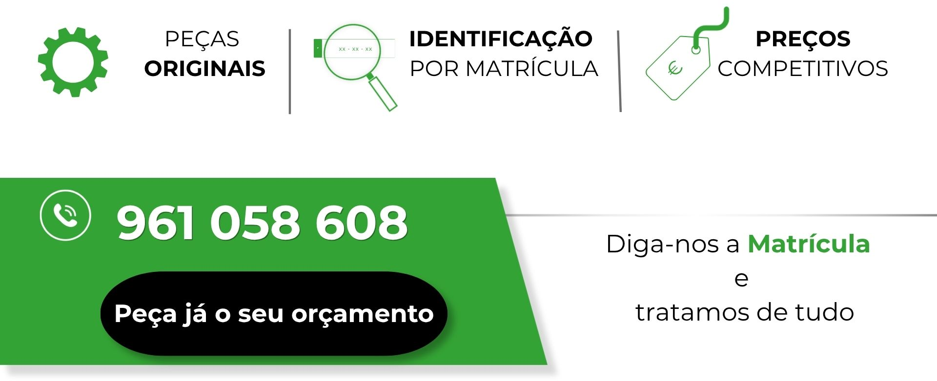 Banner com indicações de Peças Originais, Indentificação por matricula, Preços competitivos, Diga-nos a matrícula e tratamos de tudo, ícone de telefone, com o número 961058608 com a mensagem Peça já o seu orçamento. link para ligar para o contacto.