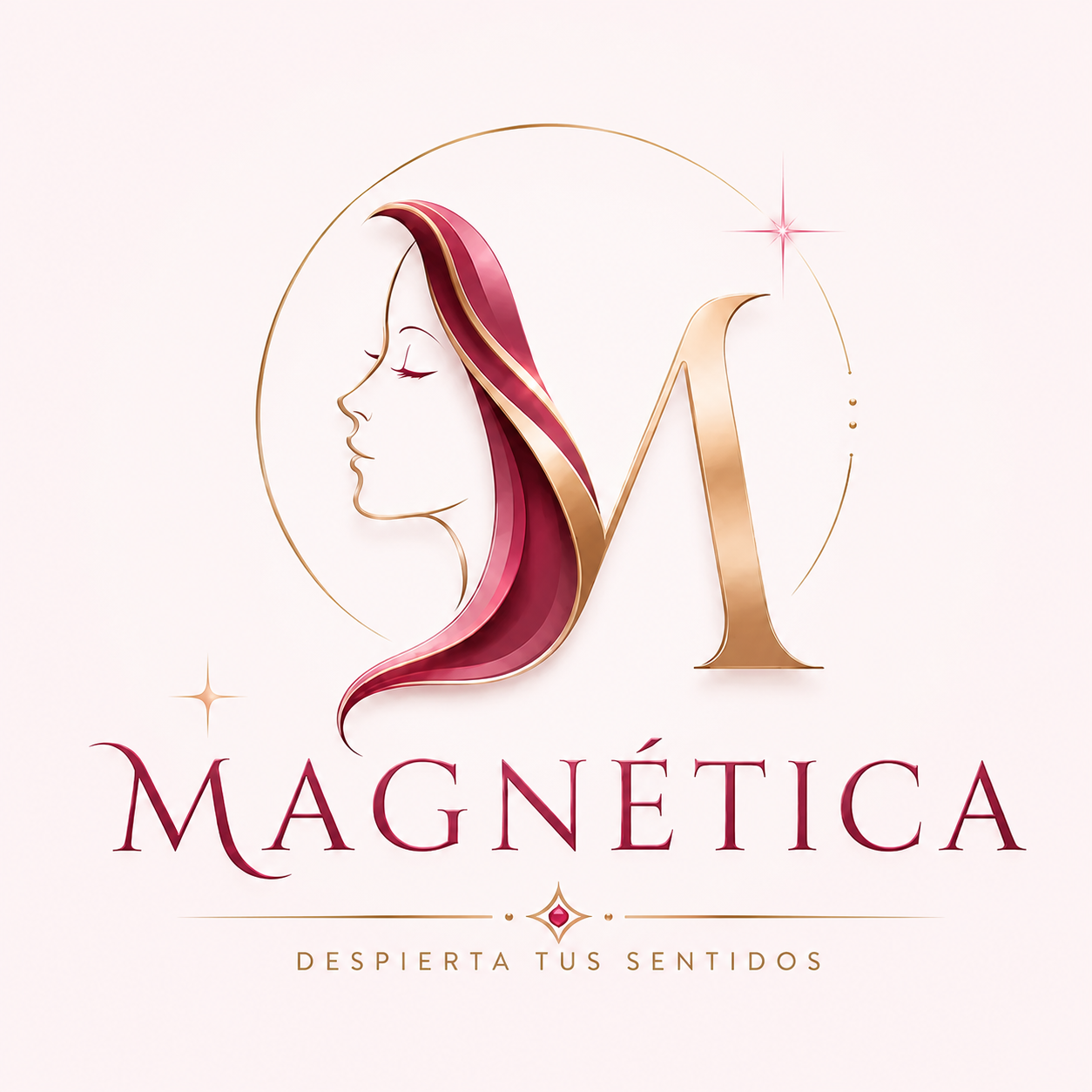 Logotipo de Magnetica con una M dorada y perfil femenino sobre un fondo granate oscuro.