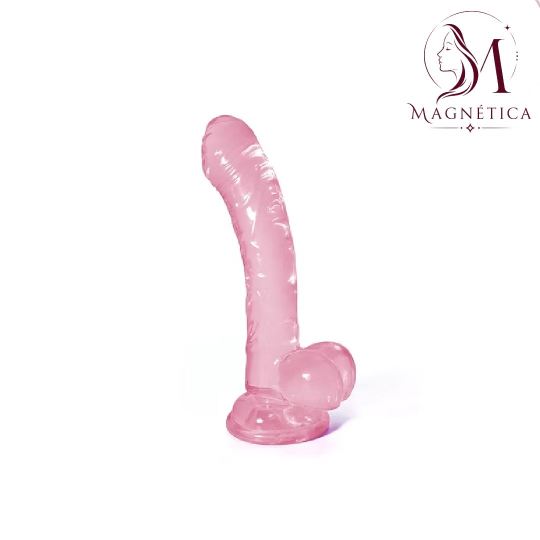 Dildo curvo rosa translúcido con base de succión sobre fondo blanco