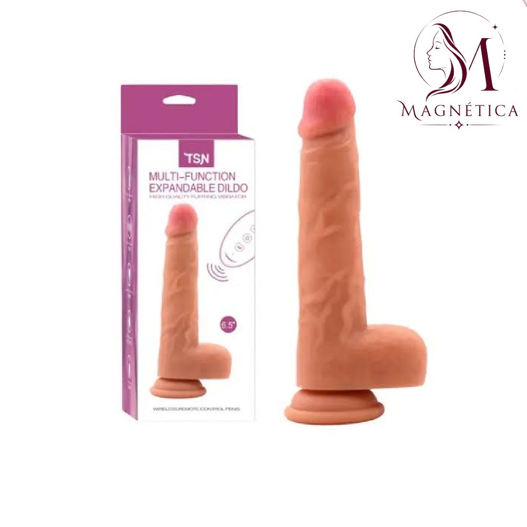 Paquete rosa y consolador expandible en forma de L color carne sobre fondo blanco, marca Magnolia en la esquina.