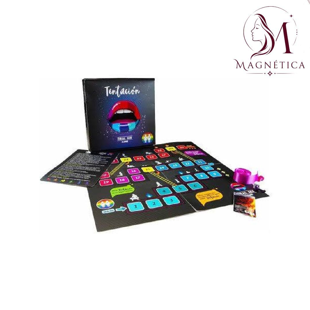 Juego de mesa de la marca Magnellia con cartas y fichas coloridas, y un tablero de juego negro sobre fondo blanco.