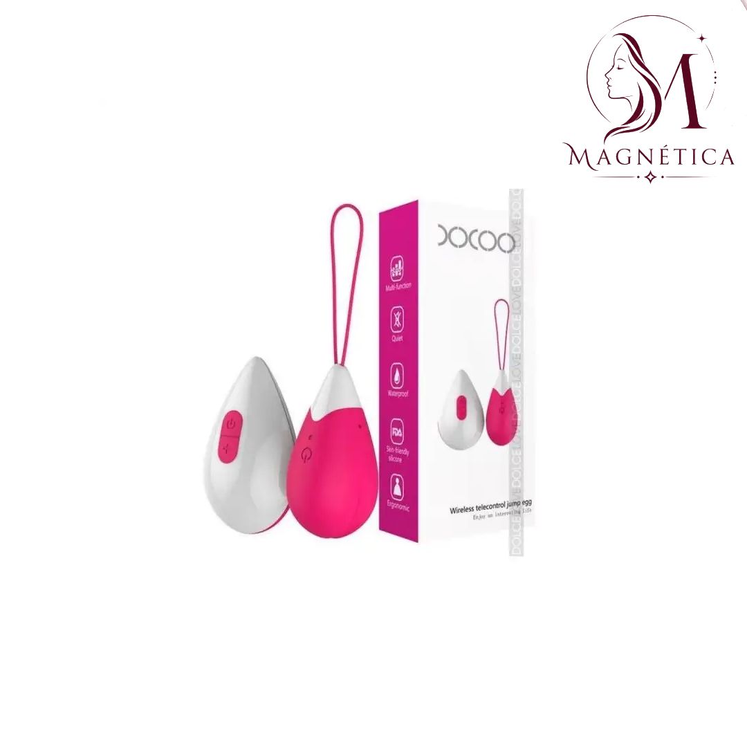 Masajeador personal portátil rosa y blanco con caja y logotipo sobre fondo blanco.