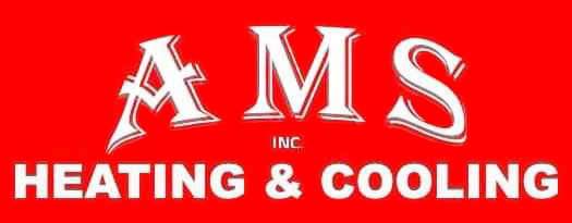 The red logo for AMS Inc. Heating & Cooling features the white letters "A M S" with "HEATING & COOLING" underneath.