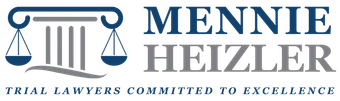 Logo for Mennie + Heitzler law firm. Features scales, pillars, and text, 