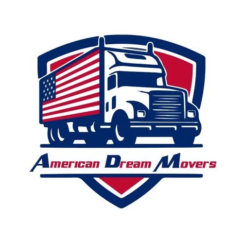 Logo for American Dream Movers featuring a semi-truck with an American flag design inside a red and blue shield.