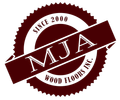 Logo for MJA Wood Floors Inc. featuring a brown serrated circular emblem with the text 