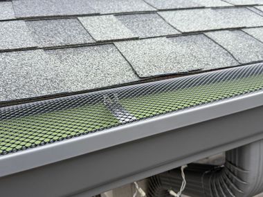 Gutter with a black mesh guard installed on a roof with gray shingles.
