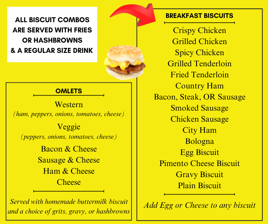 Menu for a restaurant offering breakfast biscuits, omelets, and combos served with sides and a drink.