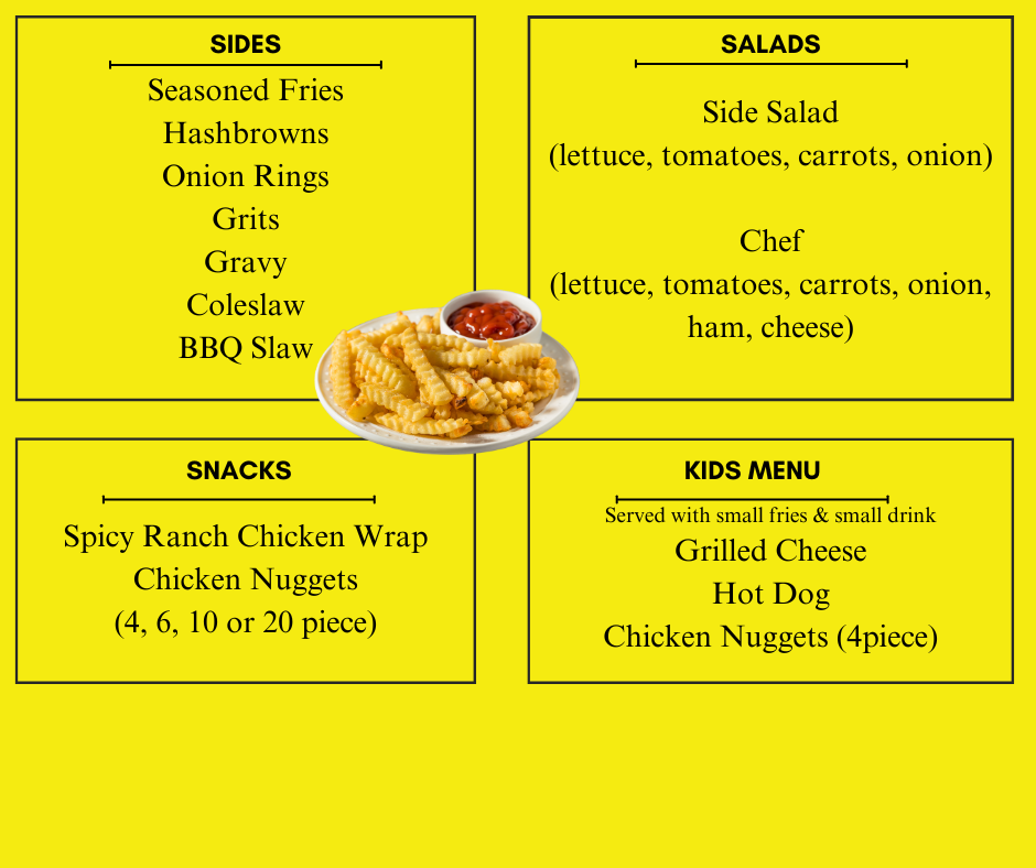 Menu with food options: sides, salads, snacks, and kids menu, arranged on a yellow background.