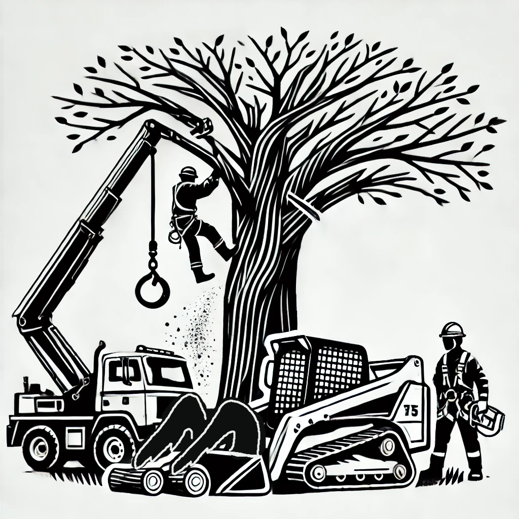 Tree removal scene: a worker on a tree, crane, skid steer, another worker with a chainsaw, and a truck.