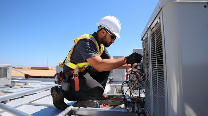 Group of HVAC Units with Fans — McMinnville, OR — Dr. HVAC Technician performing air conditioning systems repair on a rooftop AC unit