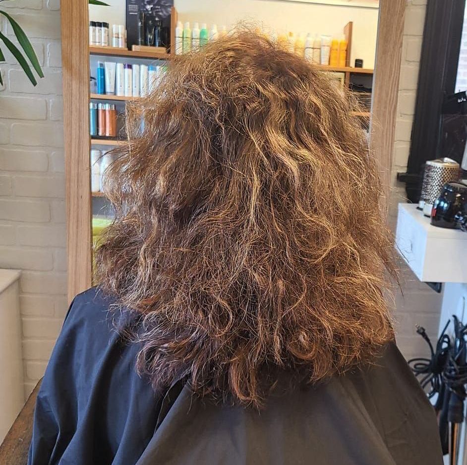 A woman is getting her hair cut in a salon.