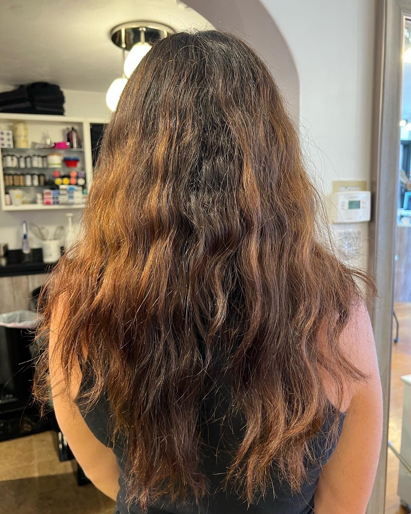 Curly hair before hair color appointment