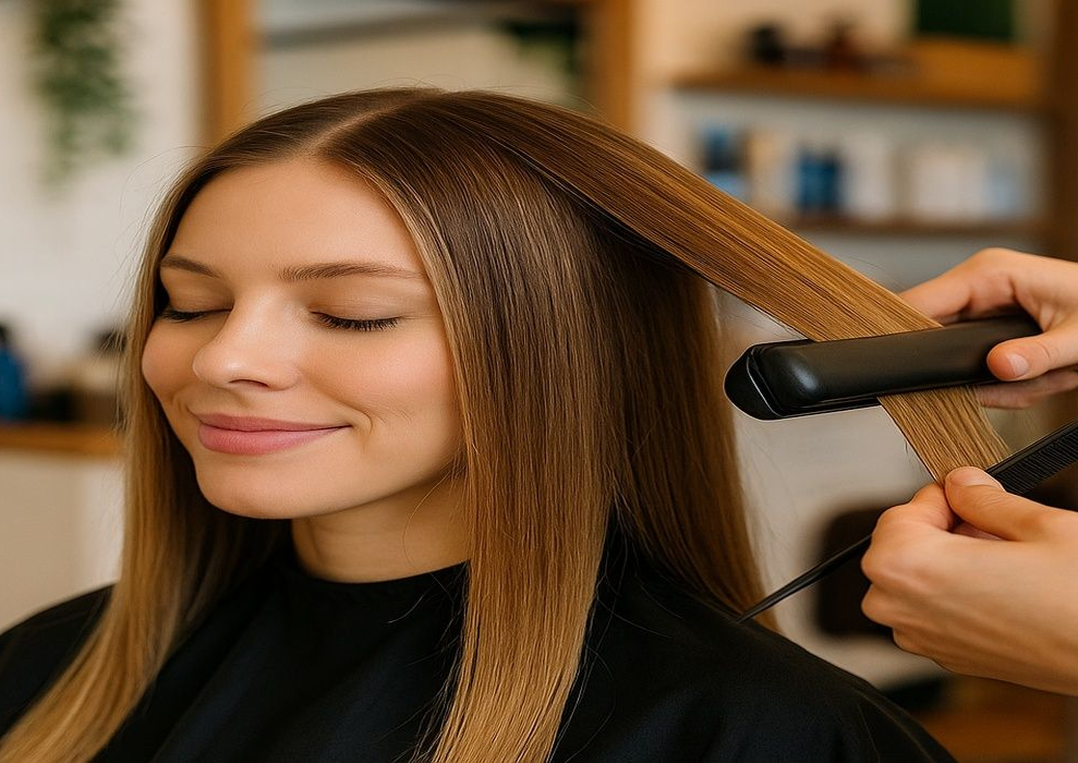 woman getting a keratin treatment in a hair salon in walpole ma