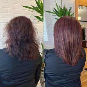 A before and after photo of a woman 's hair.