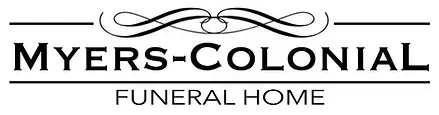 The logo for myers colonial funeral home is black and white.