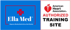 Ella Med logo beside American Heart Association Authorized Training Site badge on blue and white background