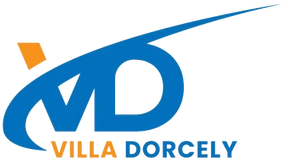A blue and orange logo for villa dorcely