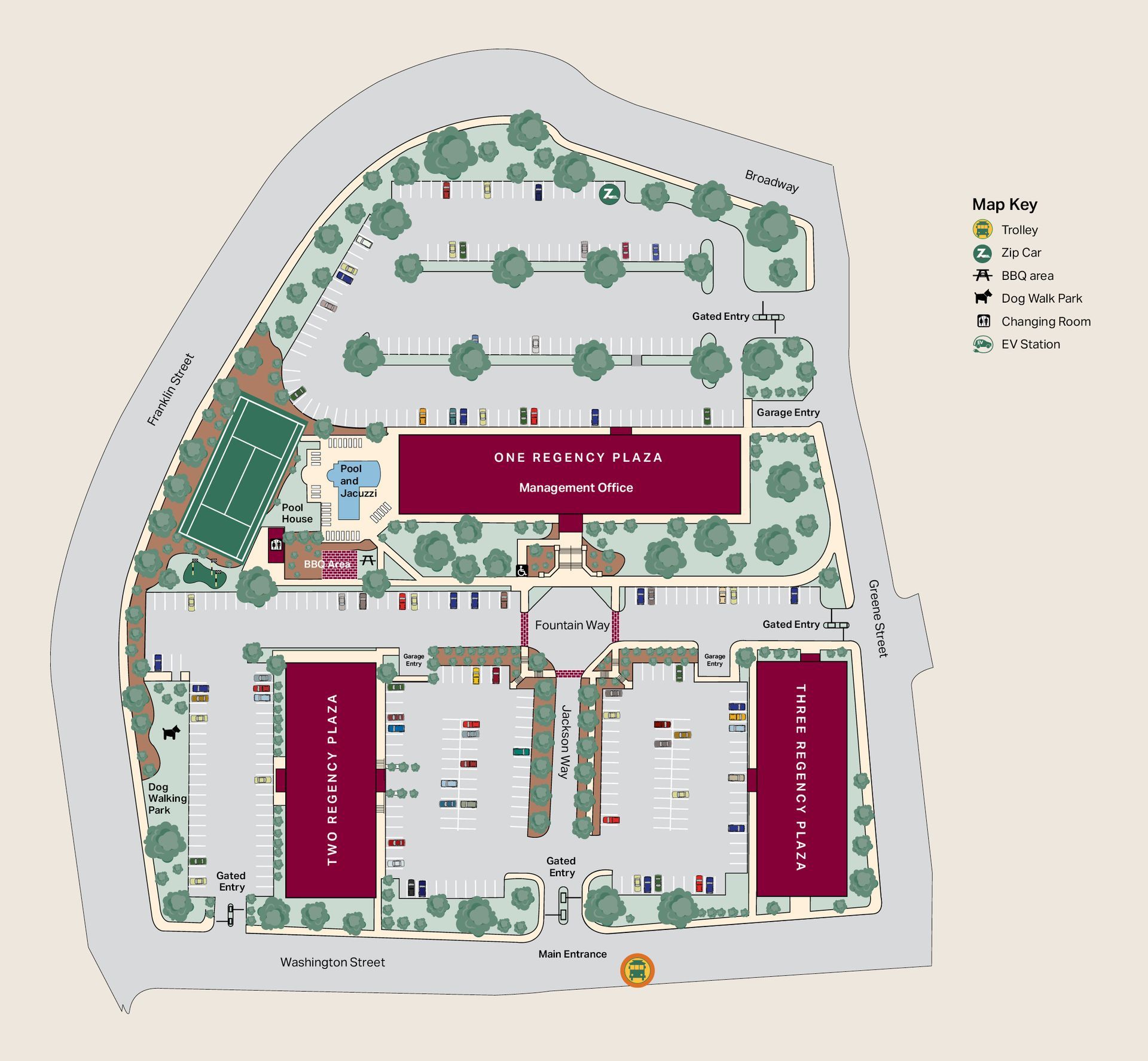 Campus map with labeled buildings, paths, trees, and parking areas on a white background