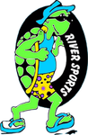 A green turtle is holding a hose in front of a river sports logo