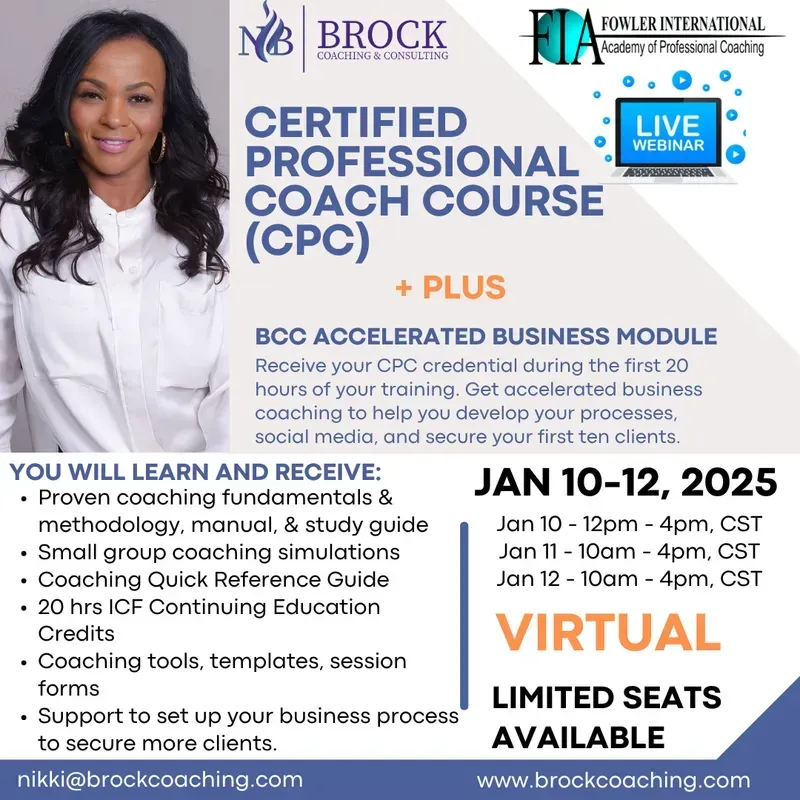 Certified professional coach course flyer with speaker portrait, dates Jan 10-12, 2025, and virtual live webinar details