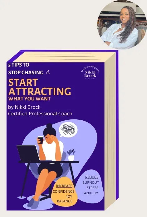 Book cover: “5 Tips to Stop Chasing & Start Attracting What You Want” in purple and yellow with an illustration and author photo