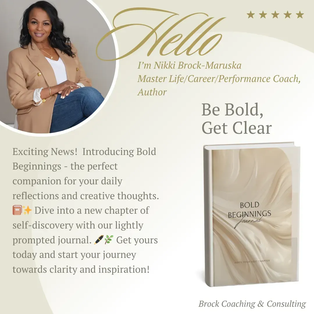 Promotional flyer for a self-development coach with portrait, gold accents, and “Be Bold, Get Clear” text