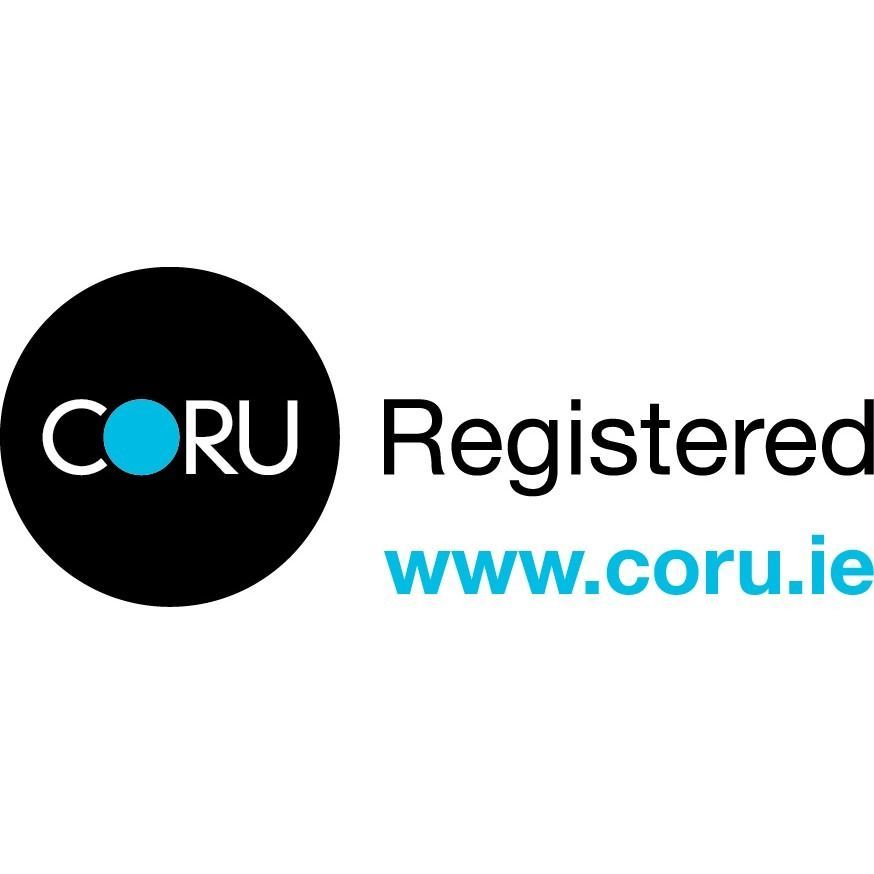 CORU logo with “Registered” and www.coru.ie in blue text
