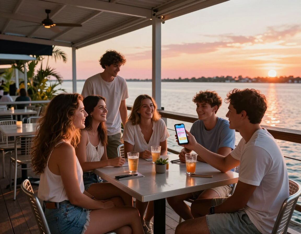 Friends enjoying a Tampa Bay waterfront restaurant while checking the Local Blast Pulse deals app