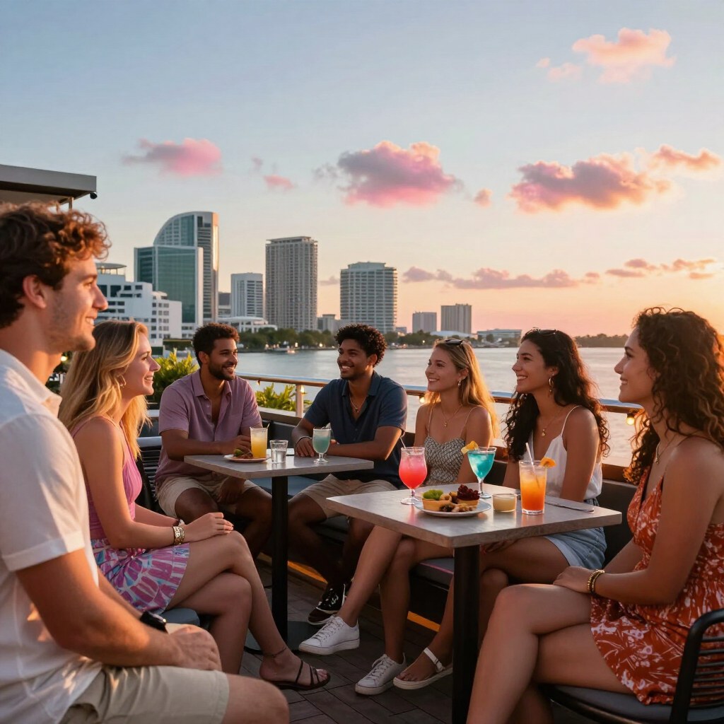 Friends at happy hour at a Tampa Bay rooftop bar
