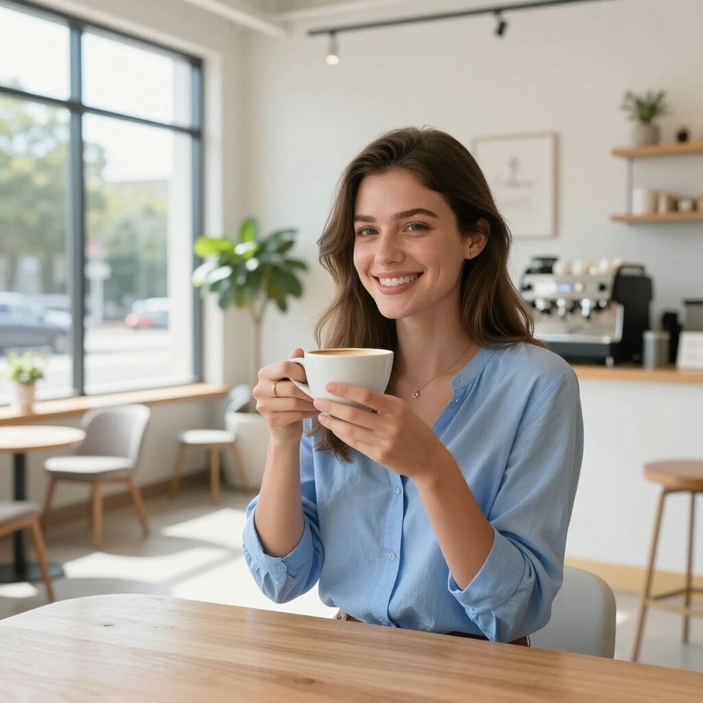 Woman enjoying coffee at a local Tampa Bay coffee shop