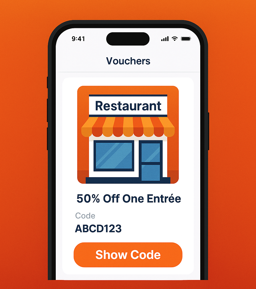 A cell phone with a restaurant voucher on it.