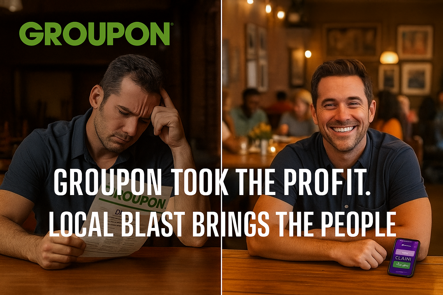 Stressed owner with Groupon vs. happy owner using Local Blast in busy restaurant.