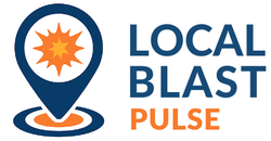 A logo for local blast with a map pin and a blast icon.