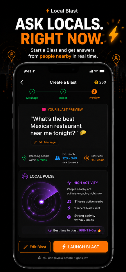 Local Blast Pulse business creating a Blast and viewing local pulse activity nearby