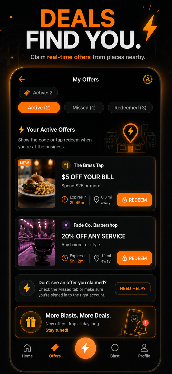 Local Blast Pulse app screen showing Deals Find You with active nearby offers ready to redeem
