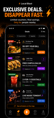 Local Blast Pulse deals feed showing local restaurant and bar offers with a Claim Deal button