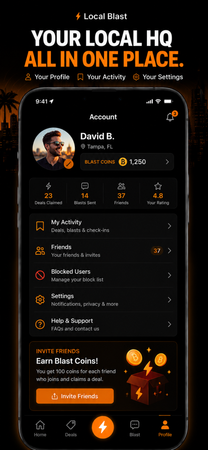 Local Blast Pulse account screen showing blast coins, activity and profile details