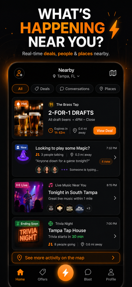 Local Blast Pulse app showing nearby restaurant, bar and retail deals happening near you in Tampa Bay