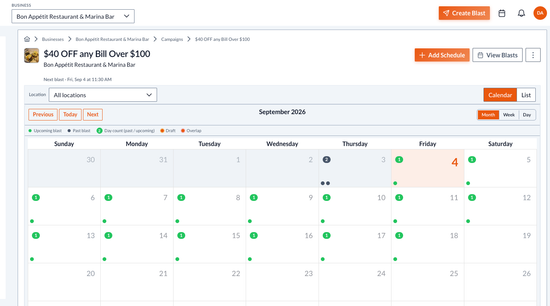 Real Local Blast Pulse business dashboard showing a scheduled restaurant offer and upcoming blast calendar