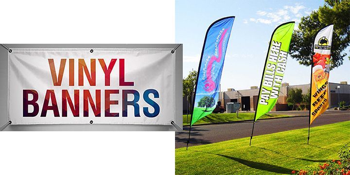 A sign that says vinyl banners next to a picture of flags.