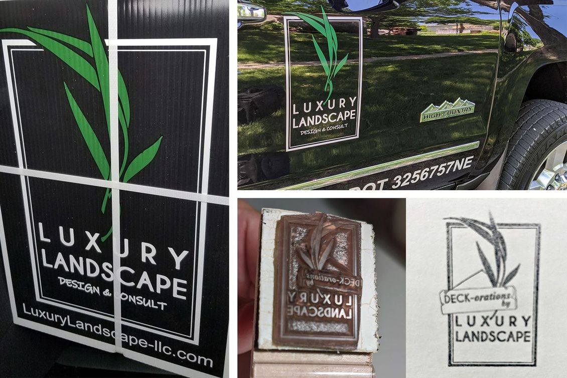 A luxury landscape logo is on the side of a truck