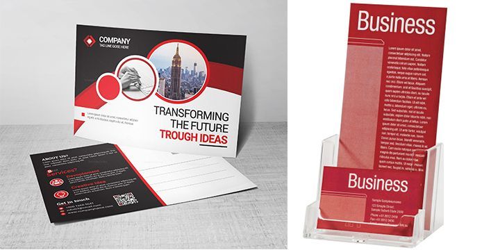 A postcard and a business card holder on a table.