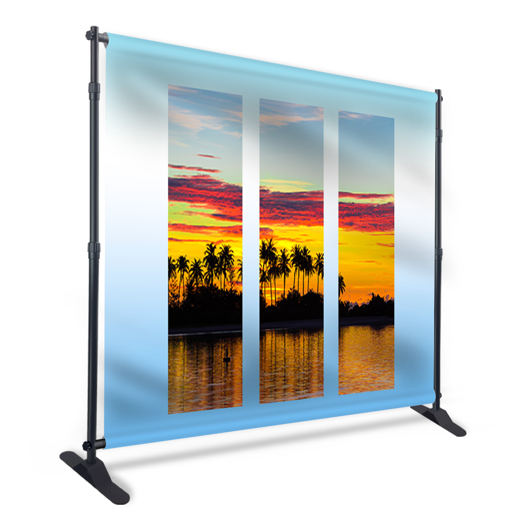 A banner with a picture of a sunset and palm trees on it.