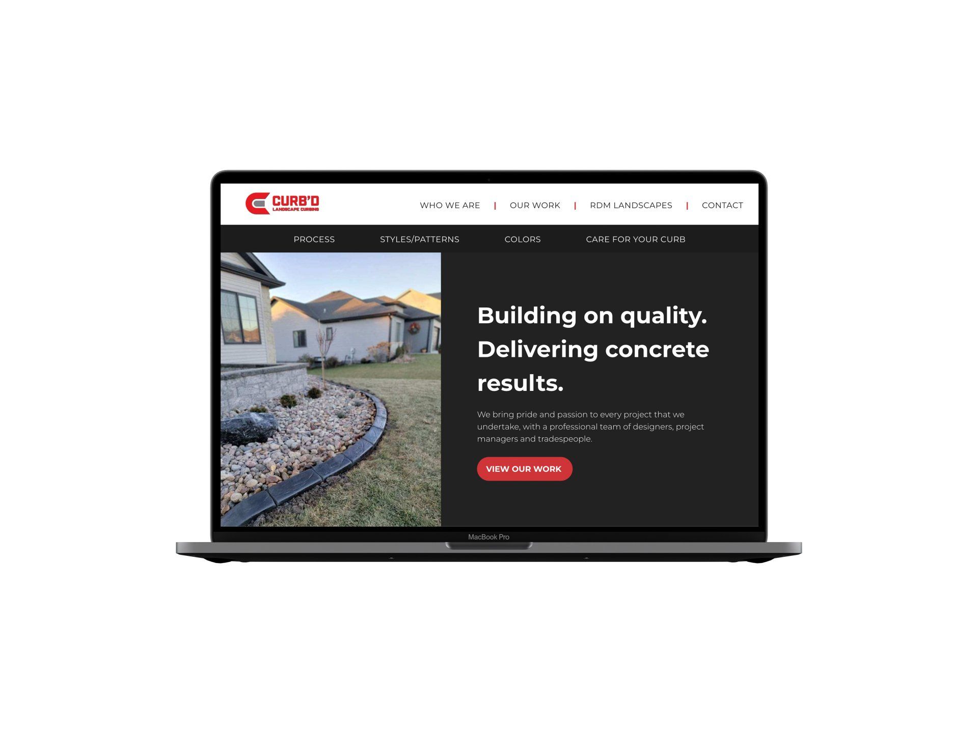 A laptop computer is displaying a website for a concrete company.