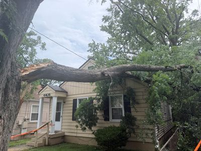 Large tree fallen across the roof of a beige house after storm damage