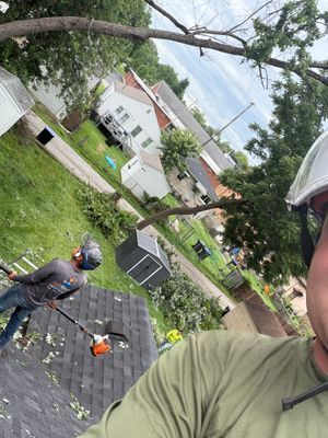 Worker on a roof with shingles, tools, and a suburban yard in the background.