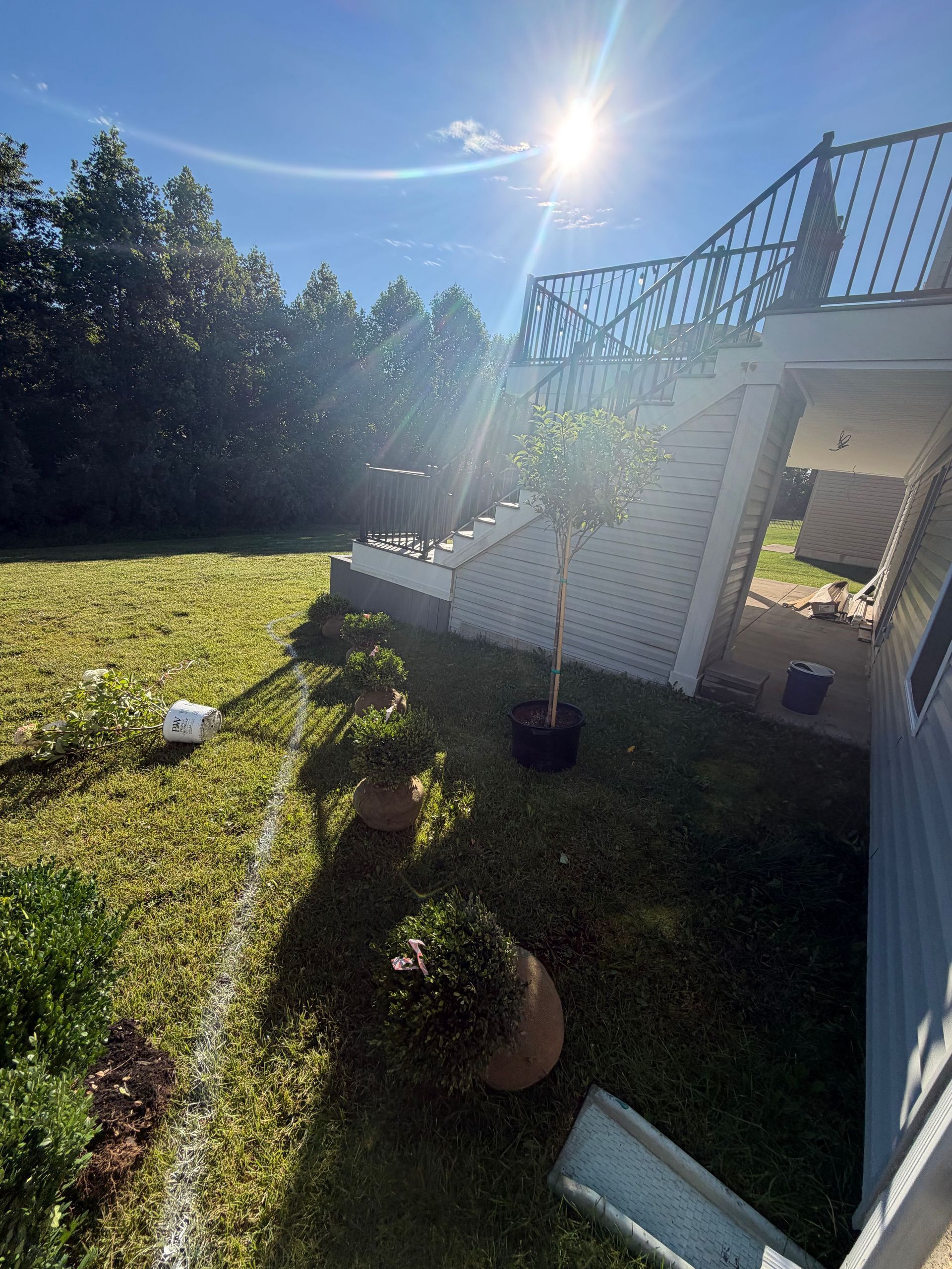 Sunny backyard with white exterior stairs, green lawn, and trees casting long shadows.